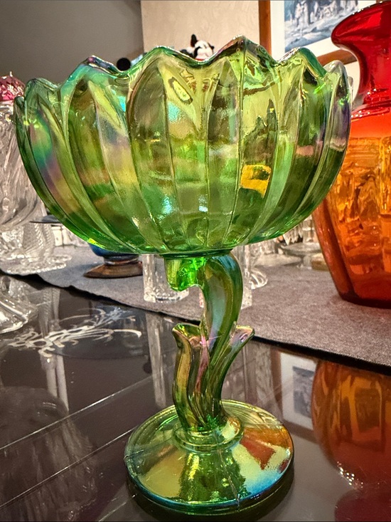 Indiana Glass Other - Vintage Lotus Blossom Green Carnival Glass Iridescent Compote